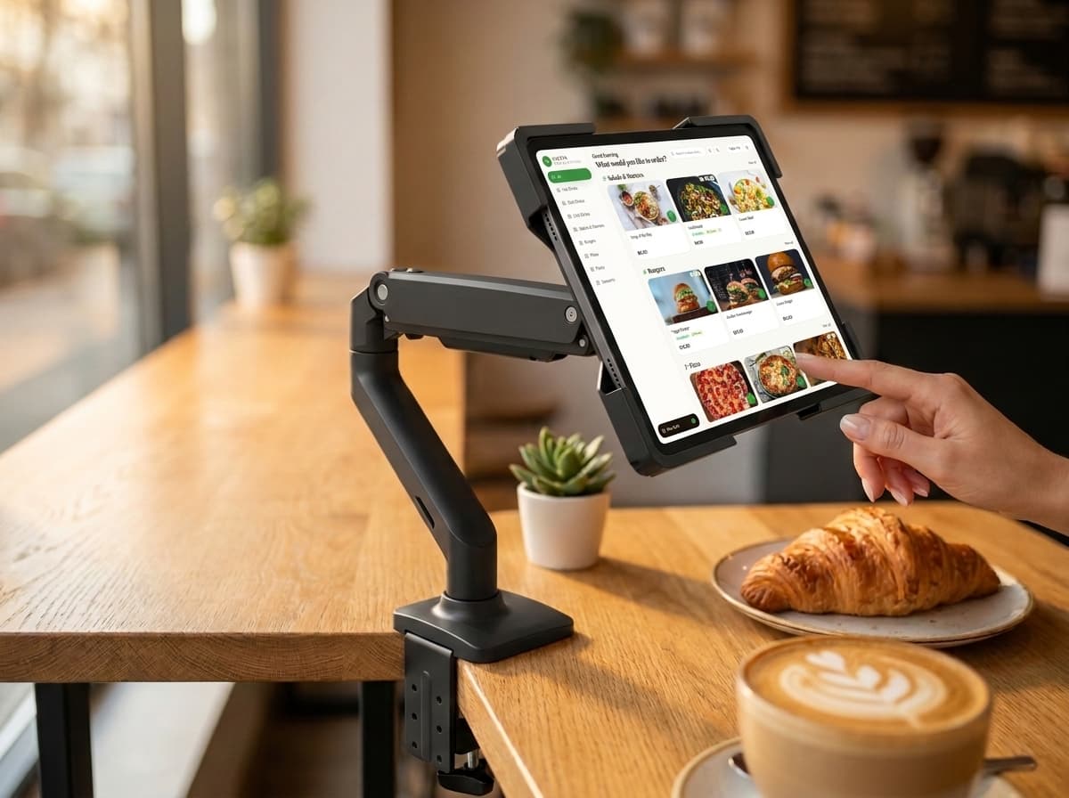A guest ordering from the table tablet in a warm café