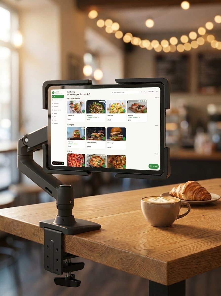 Guest ordering tablet in an anti-vandal mount on a café table