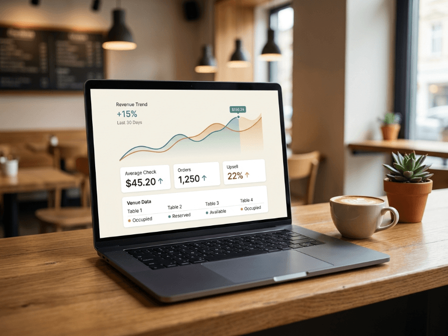 Owner B2B analytics dashboard on a laptop in a café
